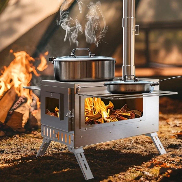 Hot Tent Stove, Unho Wood Burning Stove, Portable Wood Stove with 6 Stainless Chimney Pipes for Outdoor Heating & Cooking photo 2
