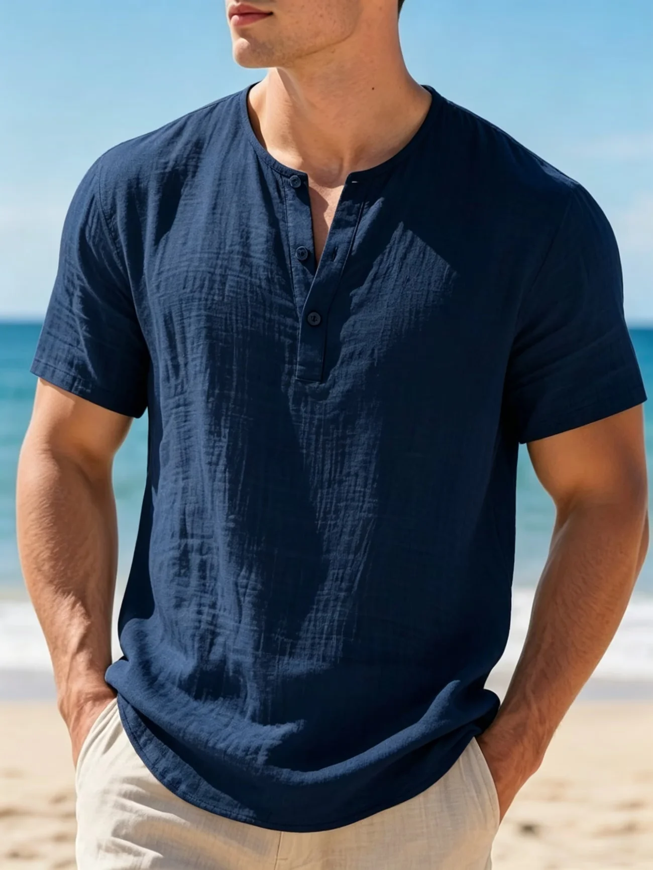 Men's Cotton Linen Henley Short Sleeve T Shirt Lightweight Breathable Solid Color Casual Loose Fit Summer Beach Vacation Top photo 1