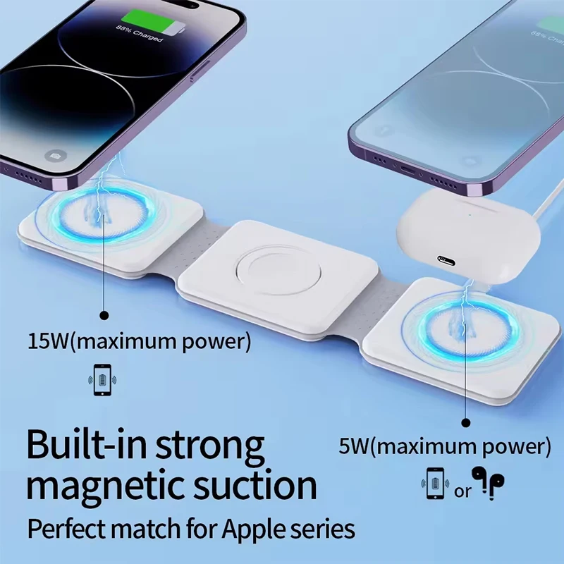 Qi2 15w 3 in 1 Universal Travel Folding Magnetic Wireless Charger for iPhone AirPods IWatch Samsung Phone Xiaomi OPPO photo 3