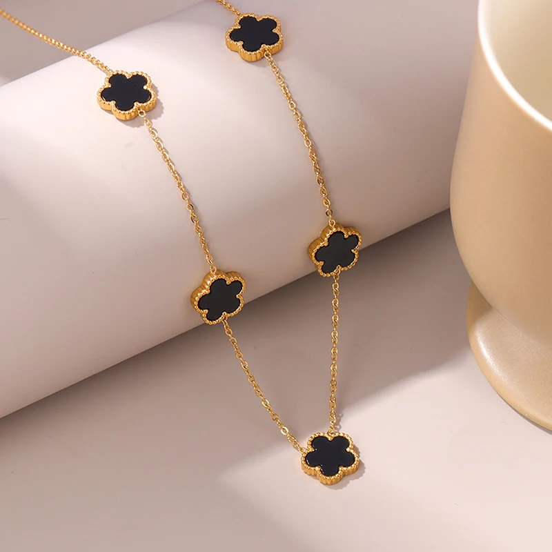14K Gold Plated Stainless Steel Necklace Woman Five Leaf Petals Double Sided Necklaces for Women Pendant Flower Clover Jewelry photo 1