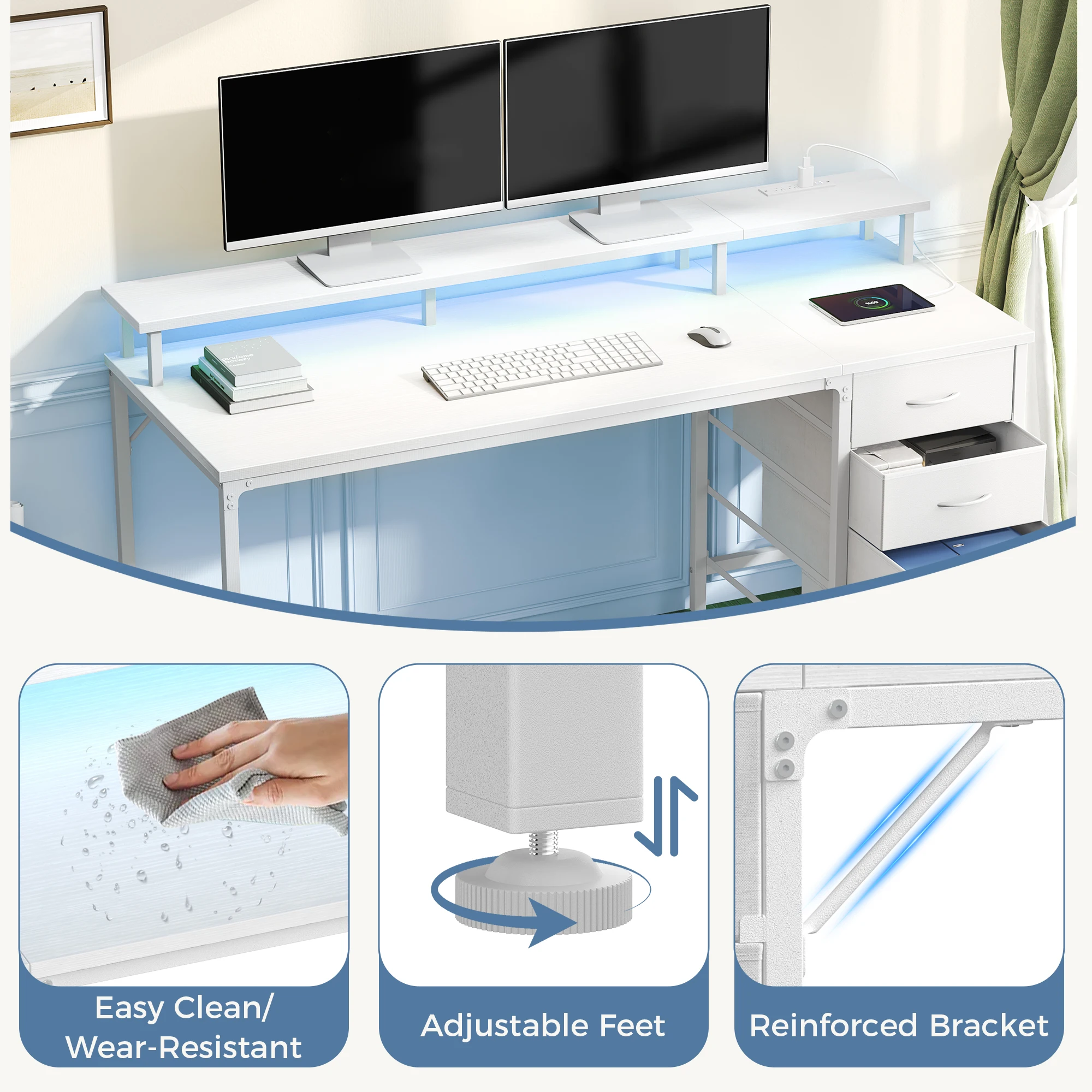 JHK 40In to 47In Gaming Computer Desk with 4 Storage Drawers Wood Office Desks with Power Outlets and LED Lights for Home Office photo 5