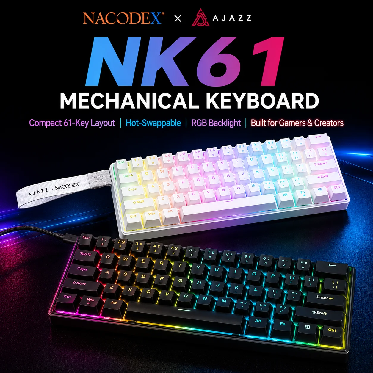AJAZZ NK61 Wired Mechanical Keyboard 61 Keys 60% Compact  Hot Swappable Red Switch RGB Backlit Portable for Gaming Laptop Gamer photo 1