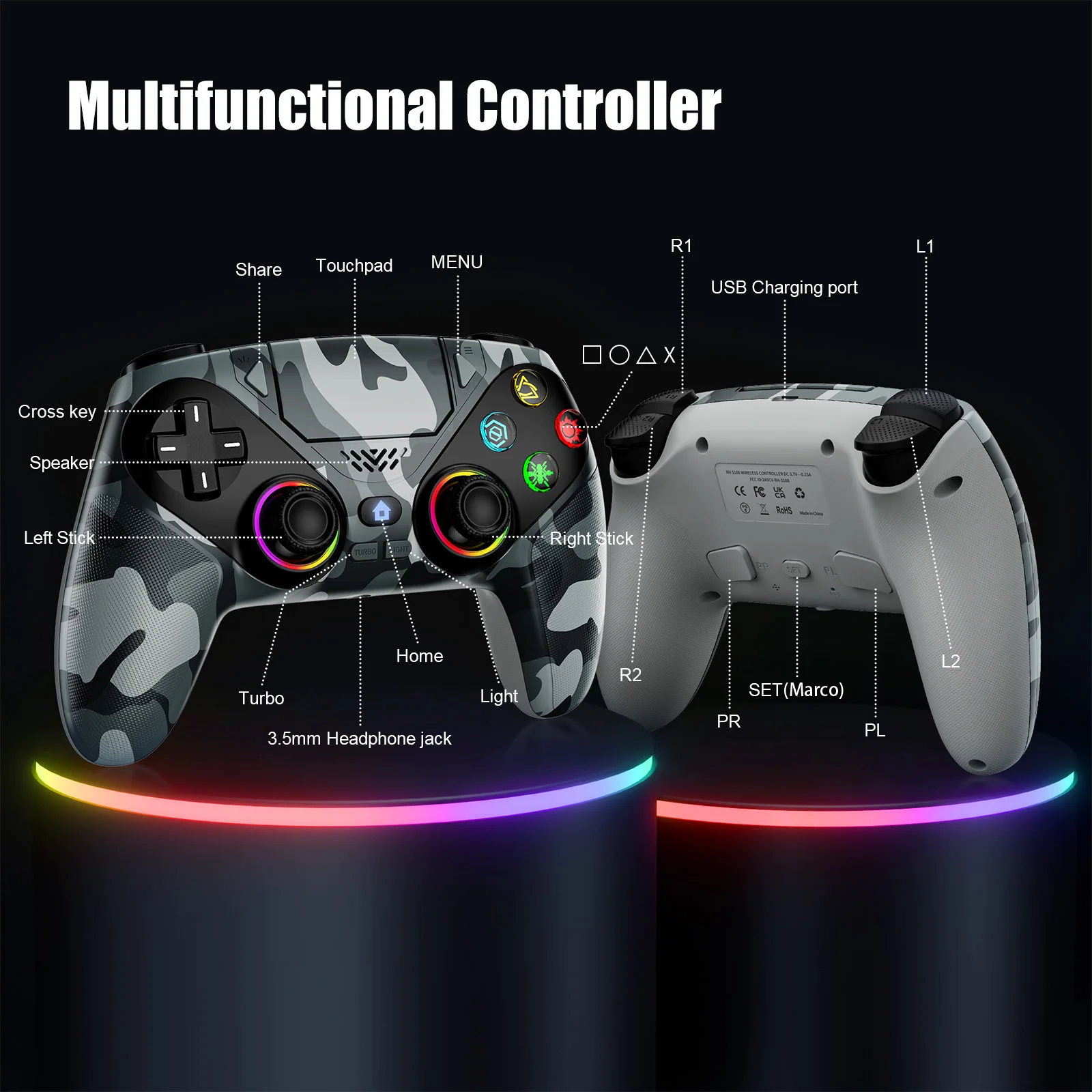 Controller For Playstation 5 PS5/PS5 Pro/Slim/PC,RGB Wireless Gamepad W/Hall Effect Trigger Marco/Turbo Anti-Drift Game Joystick photo 6