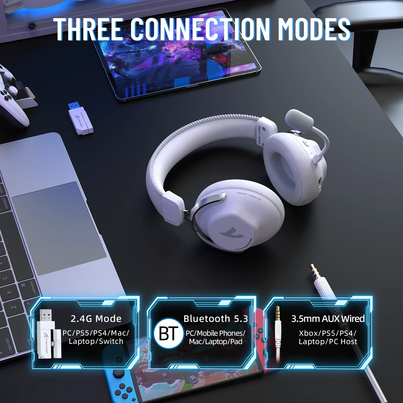 ATTACK SHARK L50PRO Wireless Gaming Headse,1100mah,7.1 Surround Sound, 53mm Drivers,20ms Low Latency,Detachable mic, Aluminum photo 1