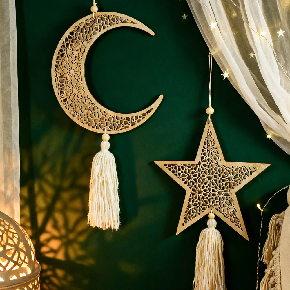 Ramadan Wooden Hanging Ornaments Moon and Star Hollow Mesh Wall Decor Islamic Eid Mubarak Muslim Decor，Ramadan Kareem Gift photo 1