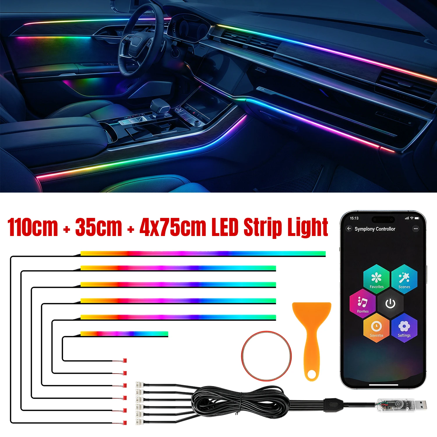 2/6 in 1 Car Interior LED Ambient Lighting Kit, USB Powered Flexible Neon Strip, APP Control RGB Sound Music Sync, Car Center Console Dashboard Atmosphere Lights photo 1