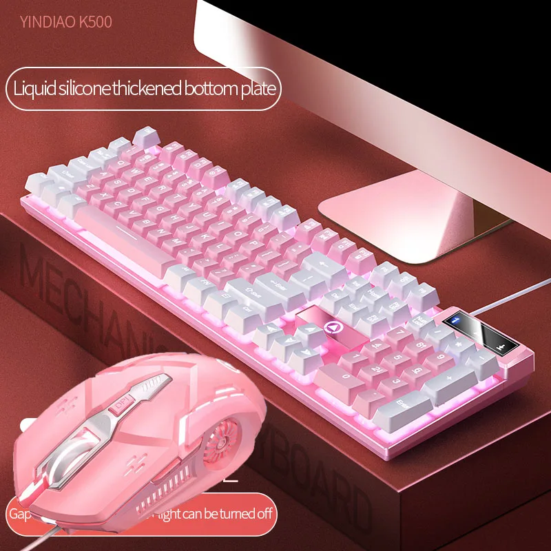 Pink Keyboard and Mouse Set 2 in 1 Combos Wired 104 Keys Pink Keyboard with LED Backlit and 1600DPI Mouse with RGB Backlit photo 6