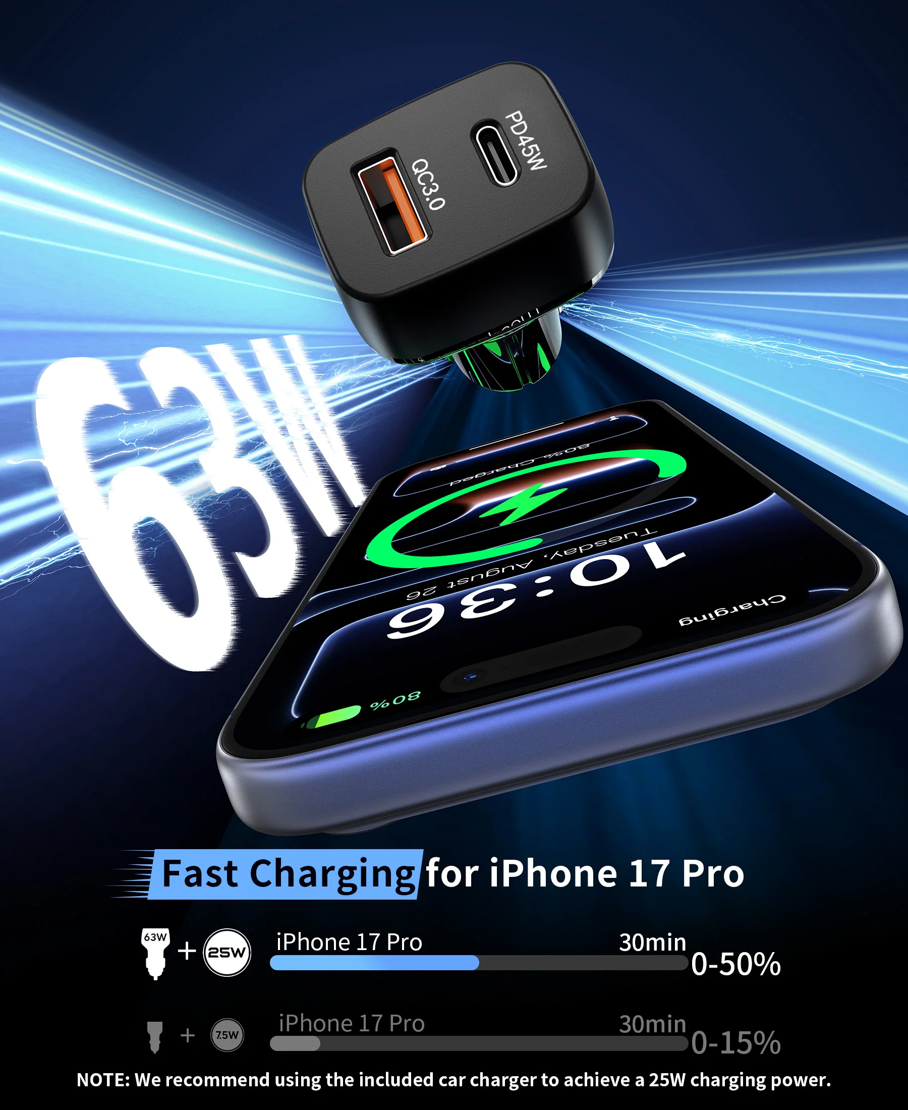 VIKEFON 25W Magnetic Car Fast Wireless Charger & 63W Car Charger For Magsafe iPhone 17 16 Pro Max Car Phone Holder Stand Mount photo 6