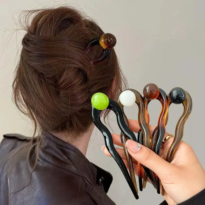 Fashion Colored Pearl U-Shaped Hair Sticks Hairpin Hair Fork Bun Sweet Trendy Acrylic Hair Clip for Women Girls Hair Accessories photo 2
