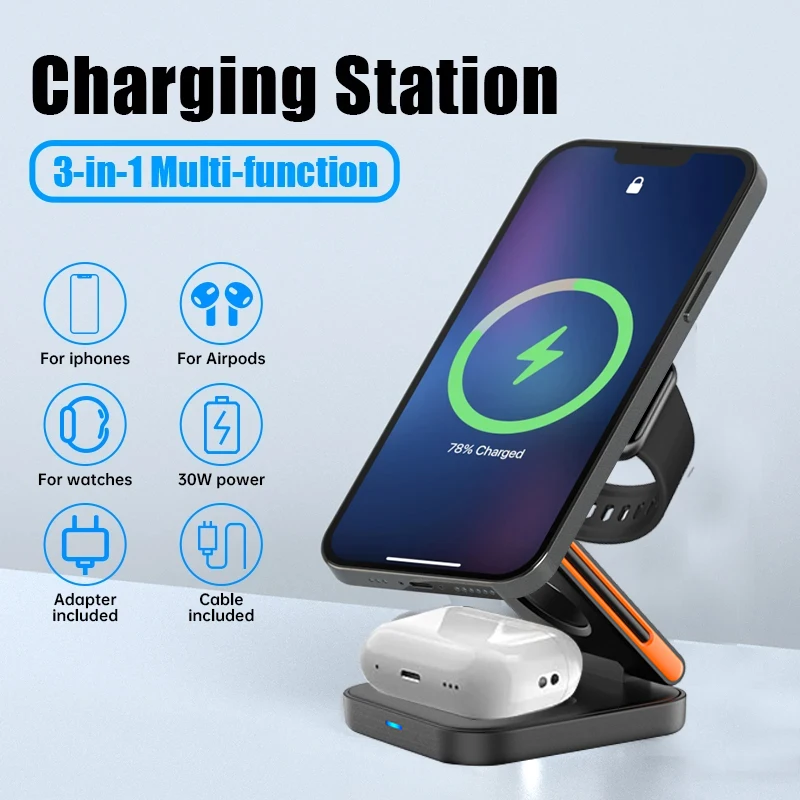 3 in 1 Foldable Magnetic Wireless Charger Stand Fast Charging Station for iPhone 17 16 15 14 13 12 Apple Watch 8 7 6 AirPods Pro photo 1