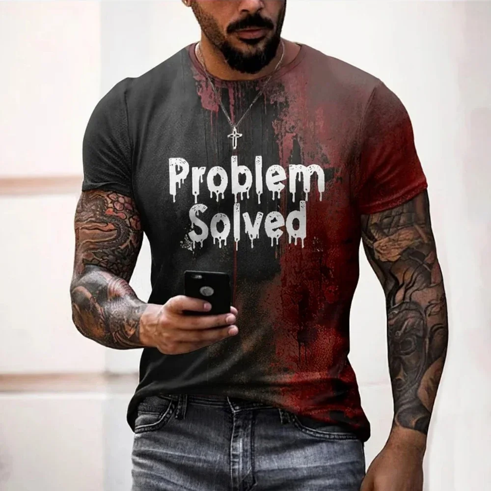 Men's T Shirts Problem Solved Bloody Print Tees Fashion Horrible Halloween Short Sleeve Casual Round Neck Oversized T-shirt Tops photo 3