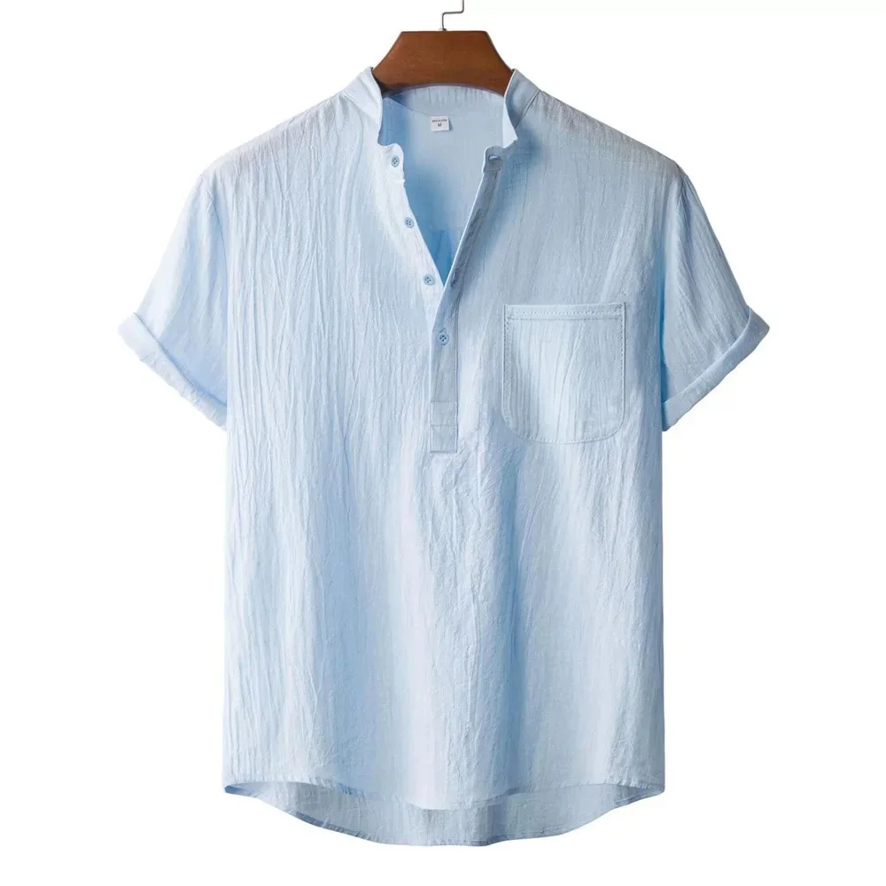 Men's Summer Cotton Linen T-shirt Beach Style Short SLeeve Henley Neck Vacation Hawaii Casual Lightweight Breathable Cozy Tops photo 2