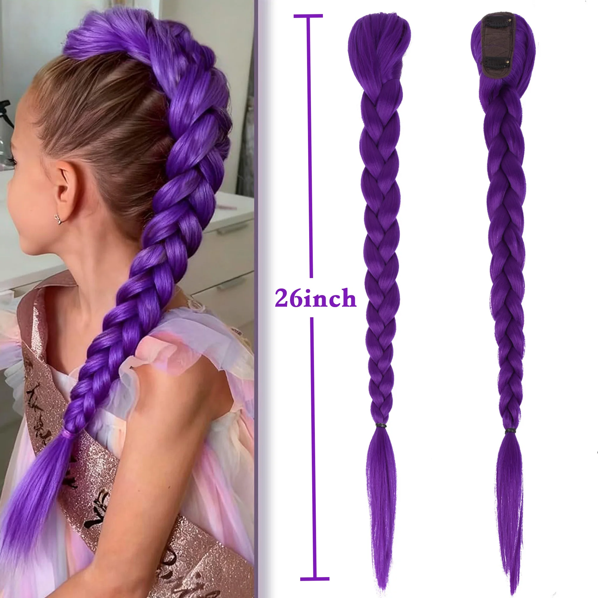 Purple 26inch Braid Clip in Ponytail Hair Extension Long Ponytail Hairpieces Cosplay for Kids Girl Halloween Christmas photo 1