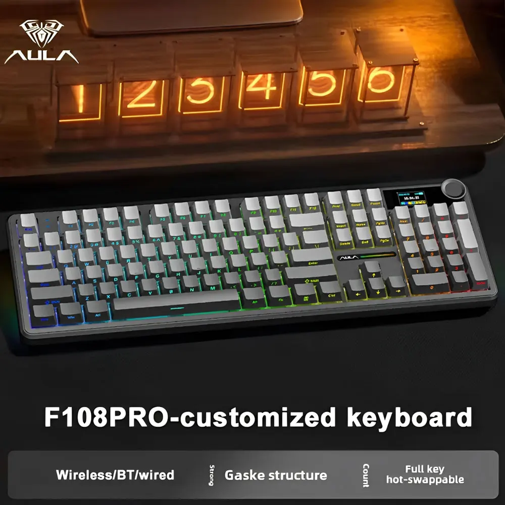 AULA F108 Pro Gaming Mechanical Keyboard Tri Mode Custom Multi-Knob Screen RGB Esports Wireless Keyboard with TFT Smart Display photo 2