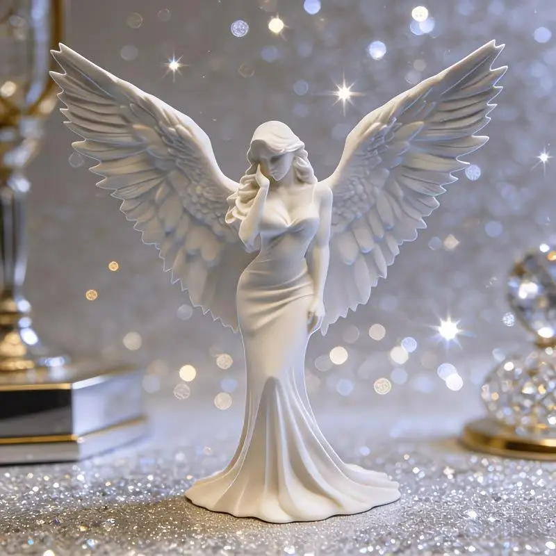 New#3D Printed Praying Angel Statue Guardian Angel Figurine White Gold Religious Sculpture For Home Altar Decor photo 1