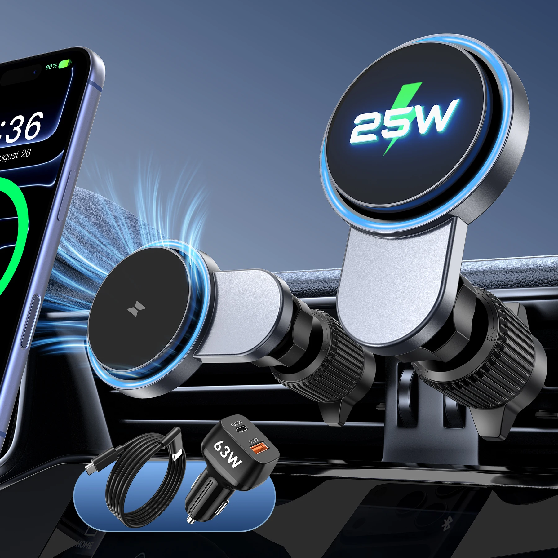 VIKEFON 25W Magnetic Car Fast Wireless Charger & 63W Car Charger For Magsafe iPhone 17 16 Pro Max Car Phone Holder Stand Mount photo 1