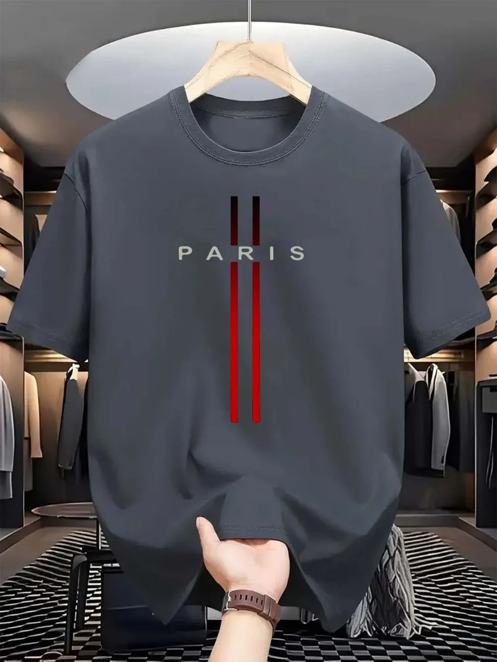Men's new polyester fabric comfortable and breathable round neck T-shirt Paris letter printed pattern outdoor casual top photo 6