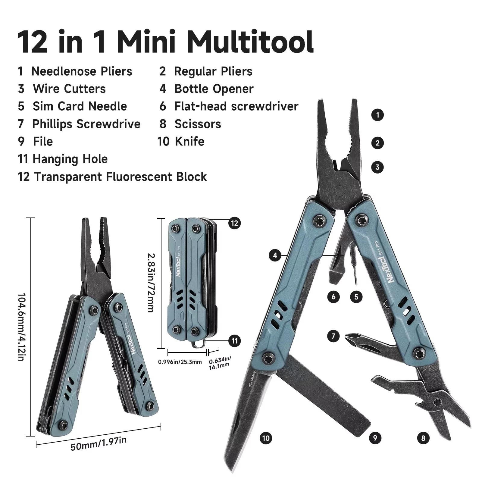 NexTool Mini Sailor Pliers S11 Pro 12-In-1 Multi Tool Pocket Knife Folding Tools Wire Cutters EDC Card Pin Screwdriver Scissors photo 3