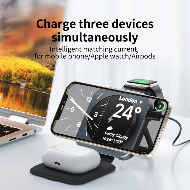 3 In 1 Foldable Magnetic Wireless Charger Stand For iPhone 15 14 13 12 Pro Max IWatch AirPods Pro Station Fast Charging Holder photo 4