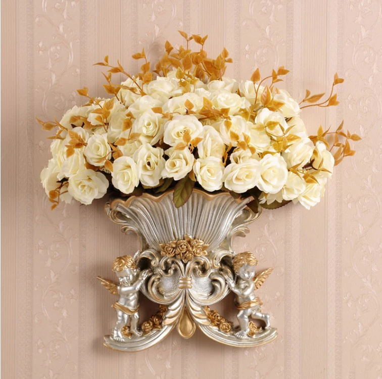 European Wall Hanging Double Angel Vase+Artificial Flower Home Background Wall Mural Resin Crafts Decoration Wall Ornament Decor photo 1