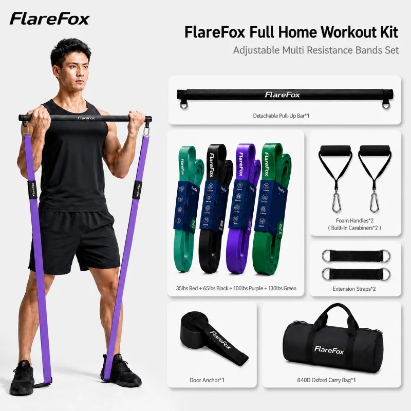 FlareFox Adjustable Multi Resistance Bands Push-pull Rod Pull-Up Assist Strap Strength Training Home Gym Equipment Workout Kit photo 1