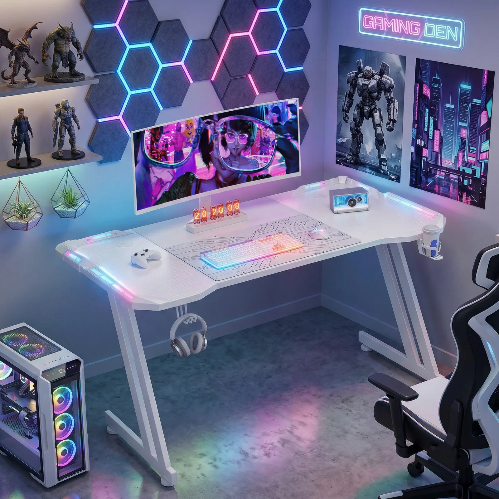47/55/63inch Gaming Desk, Carbon Fibre Gaming Table with LED Lights, Z Shaped Ergonomic Desk with Cup Holder & Headphone Hook, White photo 1