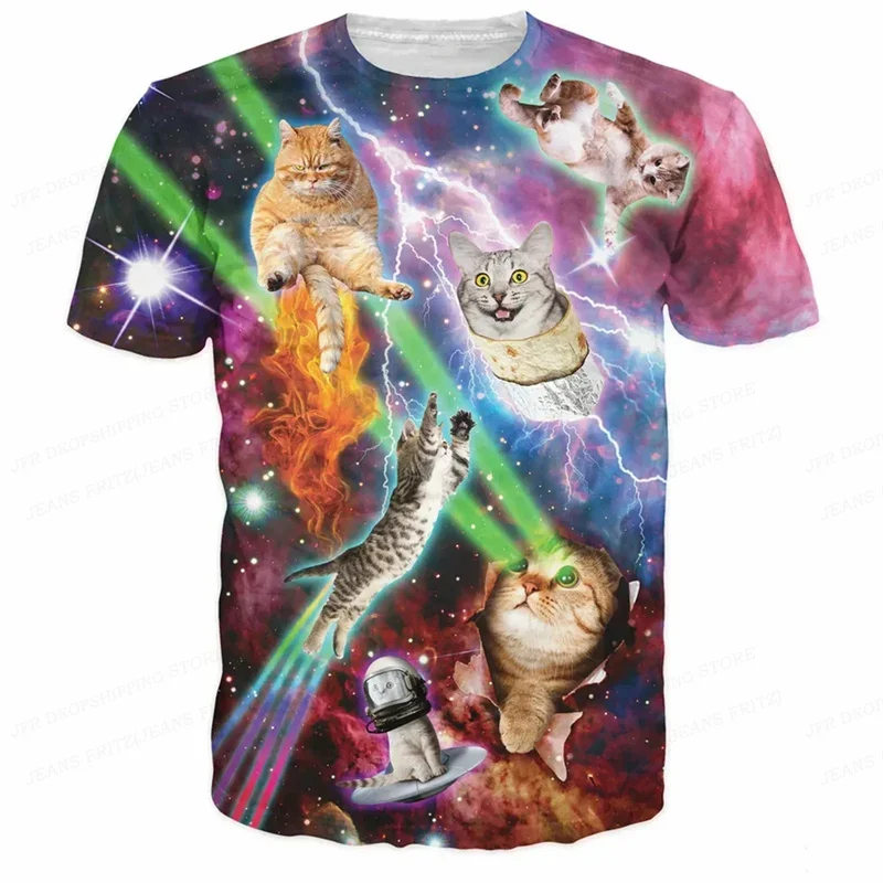 3D Printed Funny Cat T Shirt For Men Animal Food Pattern Tees Summer Street Oversize Short Sleeve Tops Loose Round Neck T-Shirts photo 4