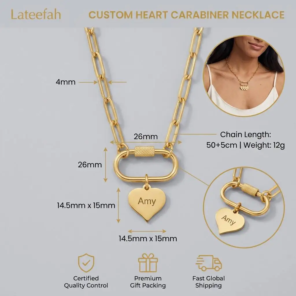Lateefah Waterproof Tarnish Free Stainless Steel Custom Name Heart Carabiner Necklace Paperclip Chain Jewelry Gift necklace photo 1