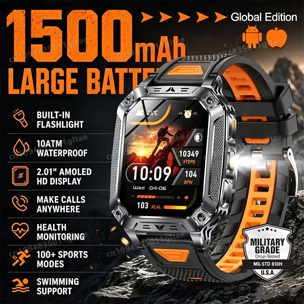 2026 New Military Smart Watch Men 3ATM Outdoor Sports Fitness Tracker Blood Pressure Health Monitoring BT Call GPS Smartwatch photo 1