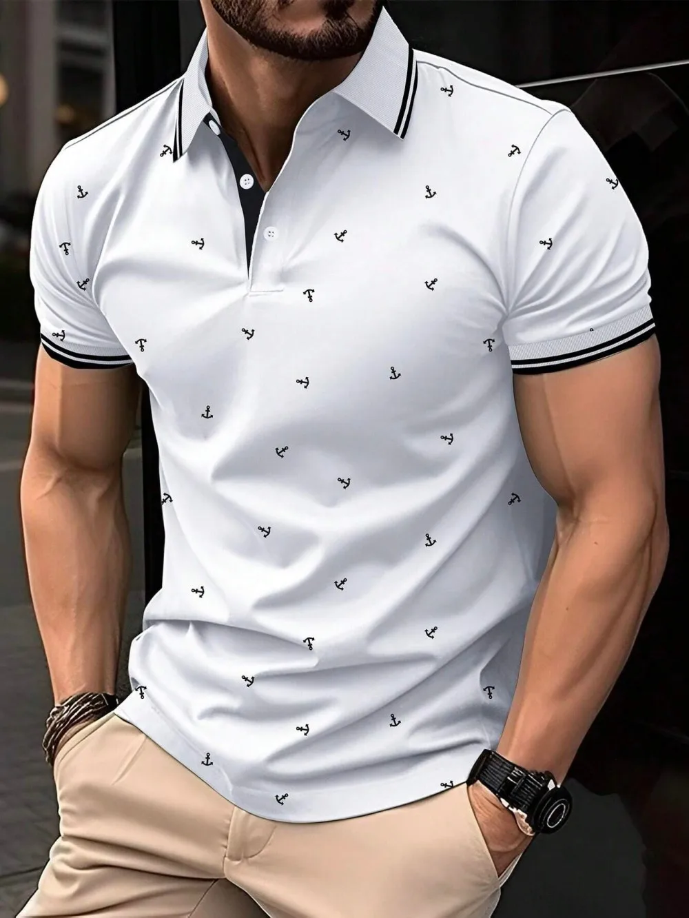 American men's summer golf boat anchor print soft and breathable polo short sleeved T-shirt outdoor elegant casual top photo 6