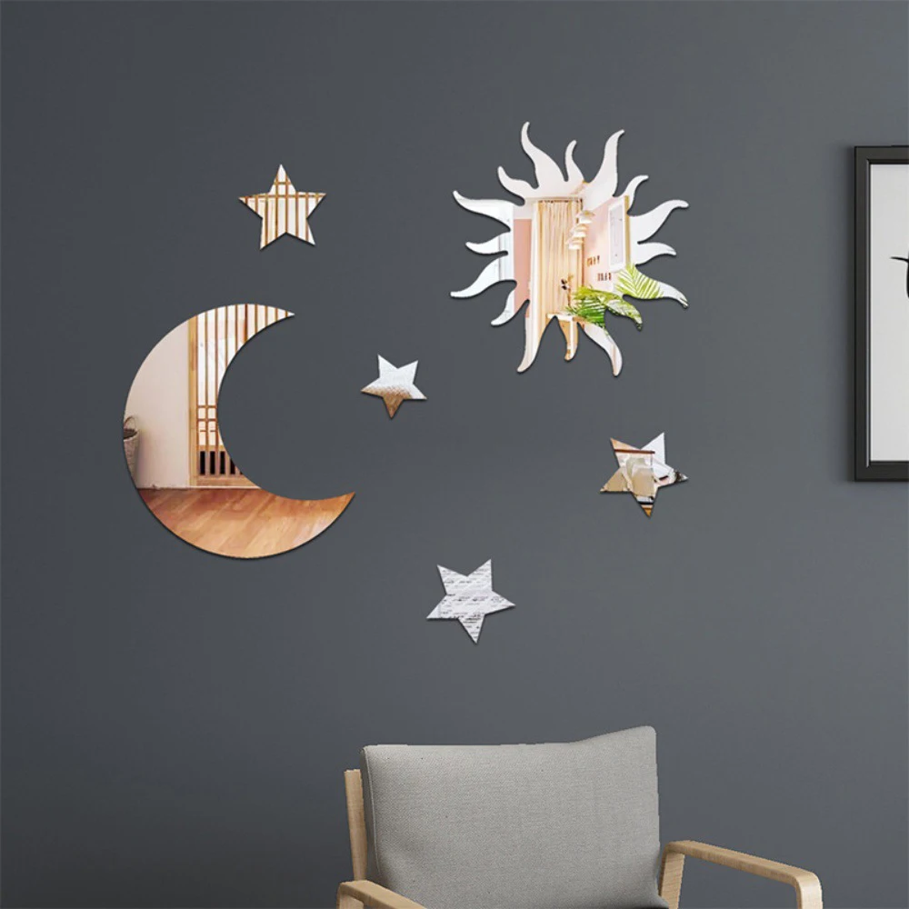 6PCS Star Moon Combination Mirror Acrylic Stereo Self Adhesive Diy Bedroom Living Room Can Be Removed Wall Stickers photo 1