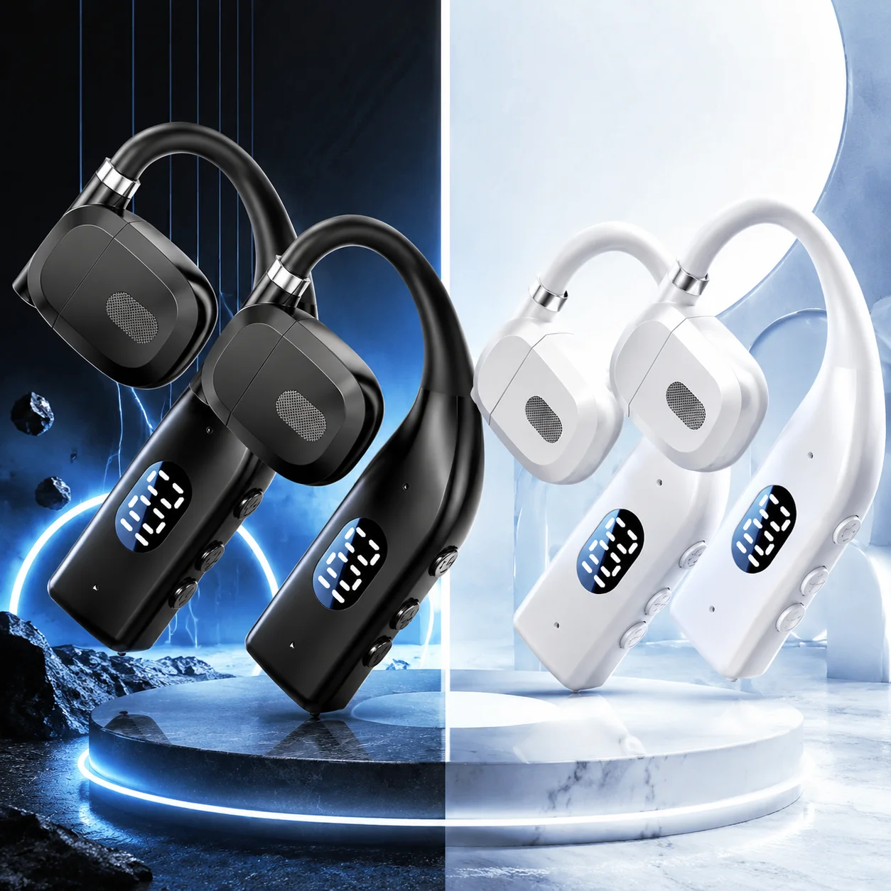 2PCS Bluetooth Ear Hooks Rotatable Earphones LED Digital Display Wireless Sport Headphones Long Battery Life Headset photo 1