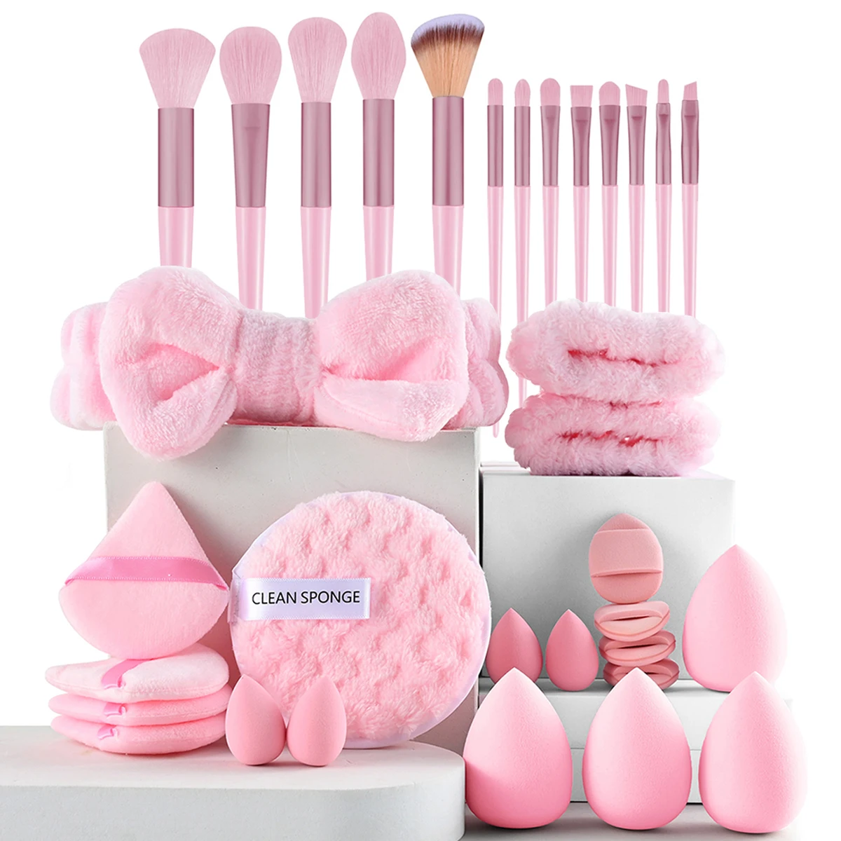 Pink Makeup Brush Set with Beauty Blender Triangle Powder Puff Fluffy Hairband Makeup Cleaning Sponge Full Cosmetic Tools Kit photo 1