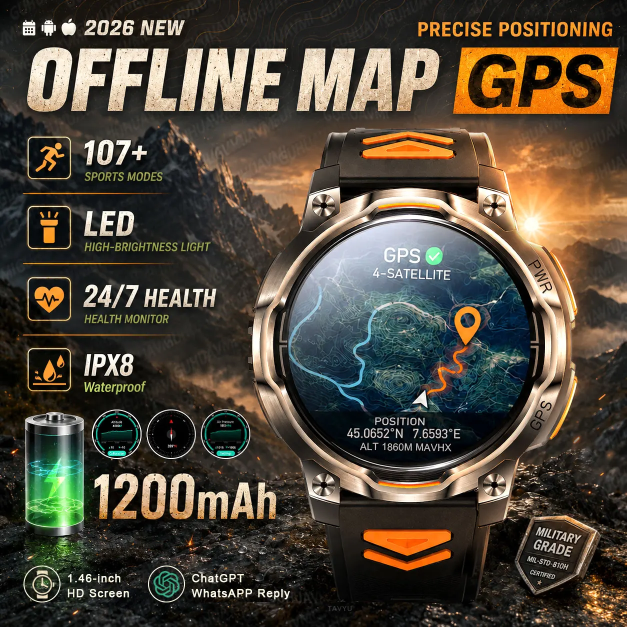 2026New GPS Map Smart Navigation Watch 1200mAh Battery Compass Built‑in ChatGPT Health Monitoring Waterproof Military Sport Band photo 1