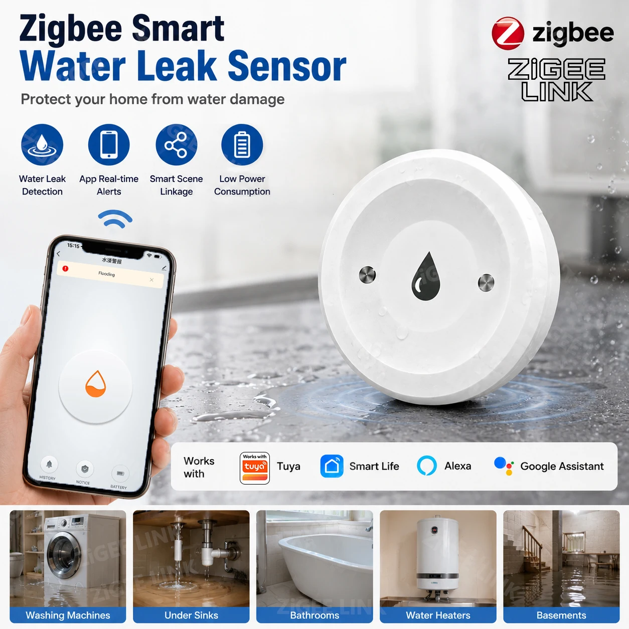 Zigbee Water Leakage Sensor Flood Overflow Security Detector APP Real-Time Remote Alert For Household Anti-Water-Leak Protection photo 1