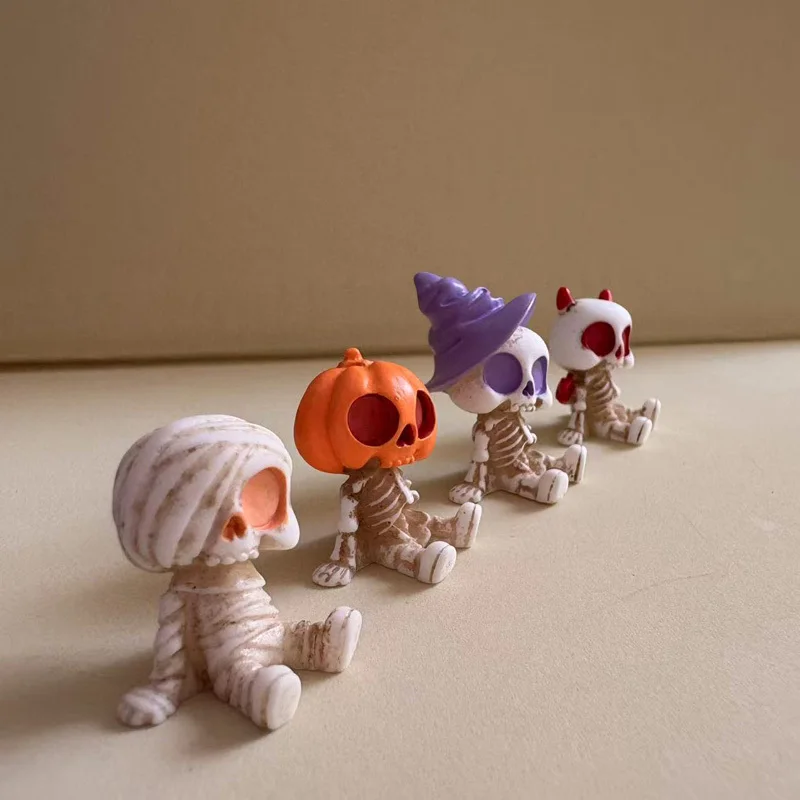 4Pcs Halloween Mini Figurines Set, Spooky Resin Decor with Pumpkins Ghosts Skulls for Party Home Garden Decoration photo 1