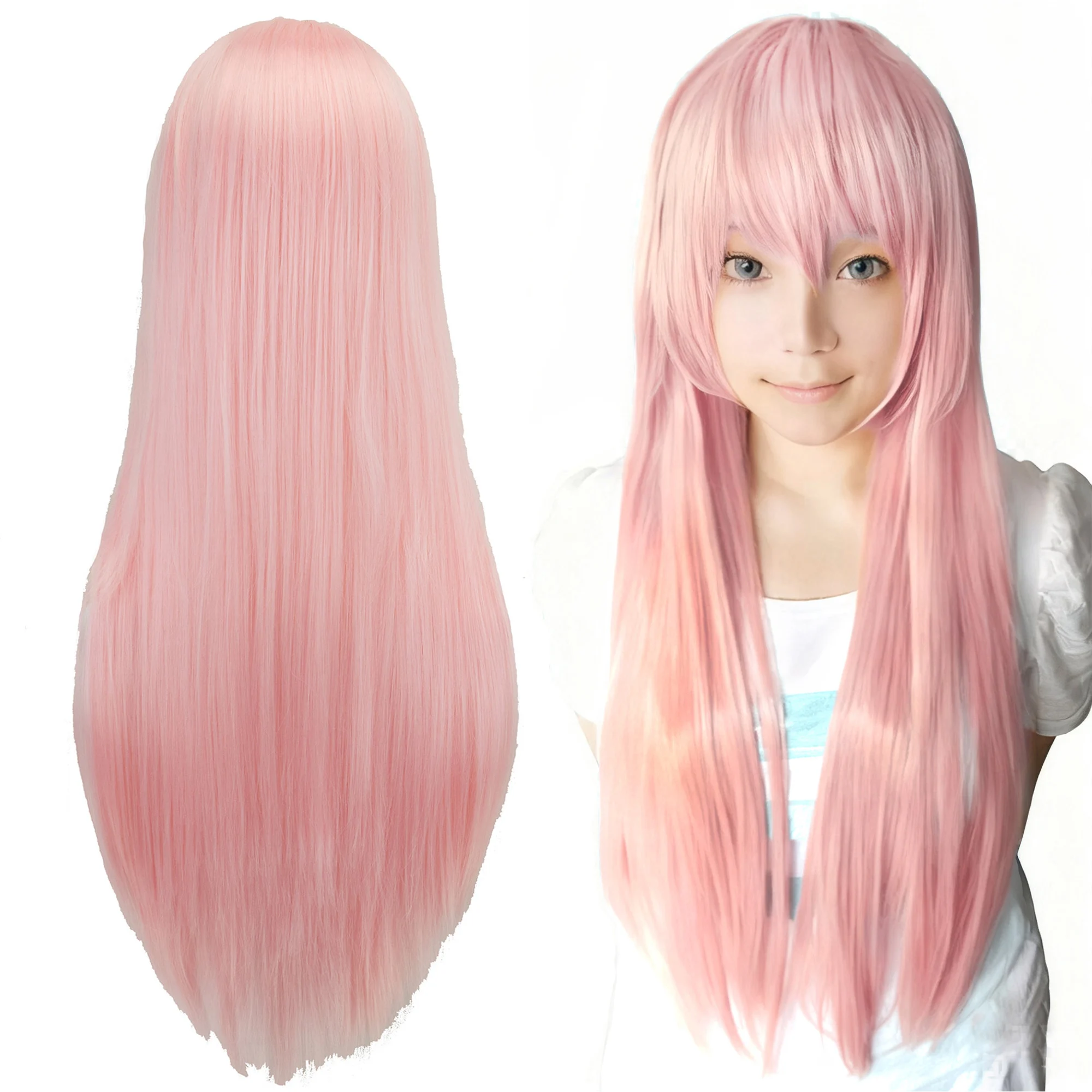 Synthetic Light Pink Long Wig for Anime Cosplay Megurine Luka Straight Momoi Satsuki Wig with Bangs photo 1