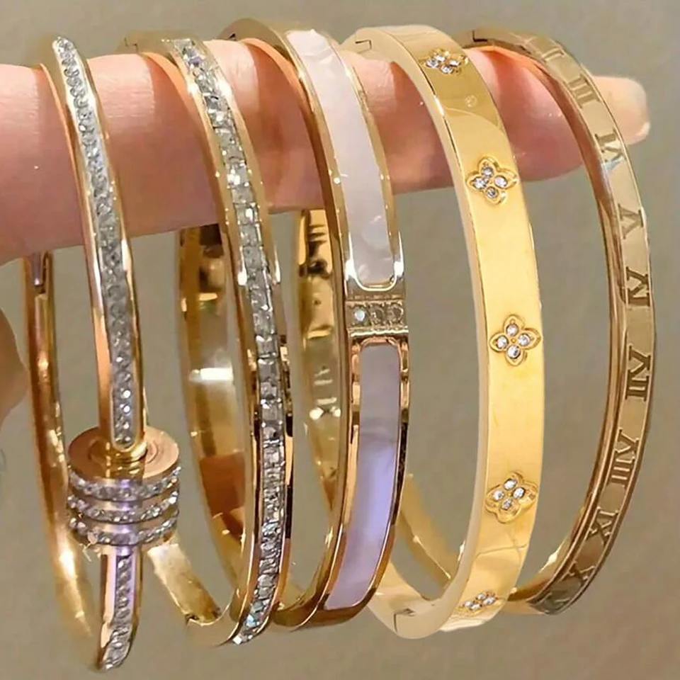 ZAKOL 5/1pcs Sparkling Zirconia Inlaid Stainless Steel Bracelet Set for Women Stackable Bangles Fashion Non Fading Jewelry Gift photo 1