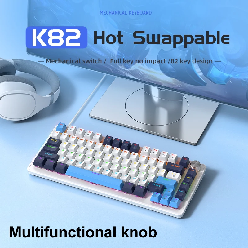 APAYADO K82 75% Wired Mechanical Keyboard 82 Keys RGB Hot Swappable Multifunction Knob Blue Red Switch for Windows Mac photo 2