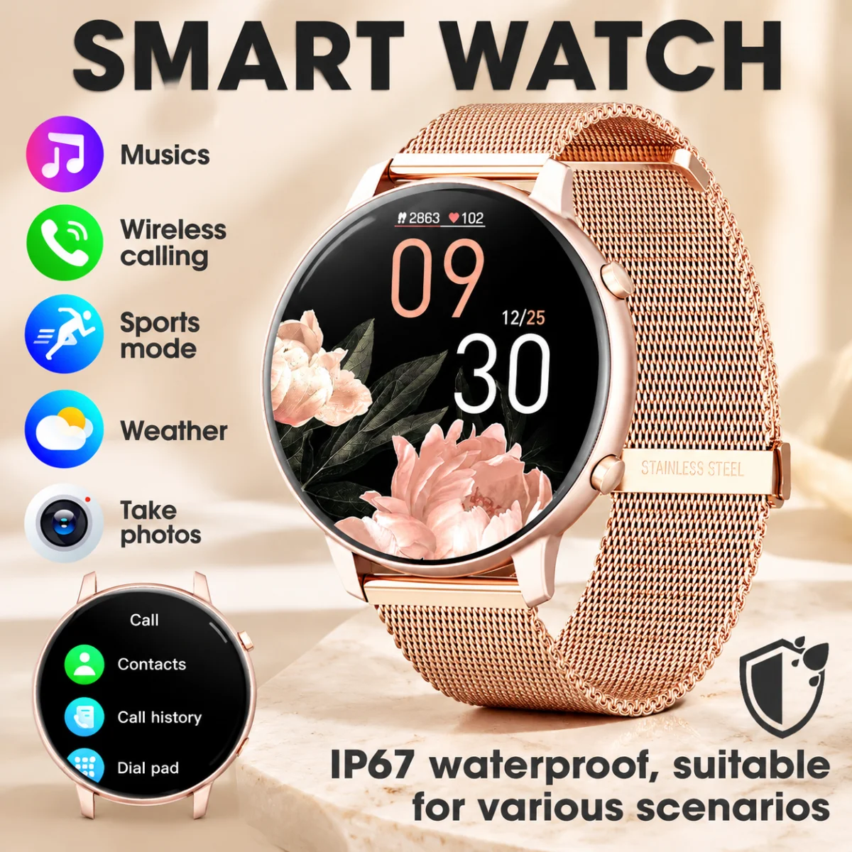 Women Rose Gold Smart Watch 1.39" Round Screen Bluetooth Call IP67 Waterproof Fitness Tracker Heart Rate SpO2 Monitor Ladies Smartwatch For Android IOS photo 1