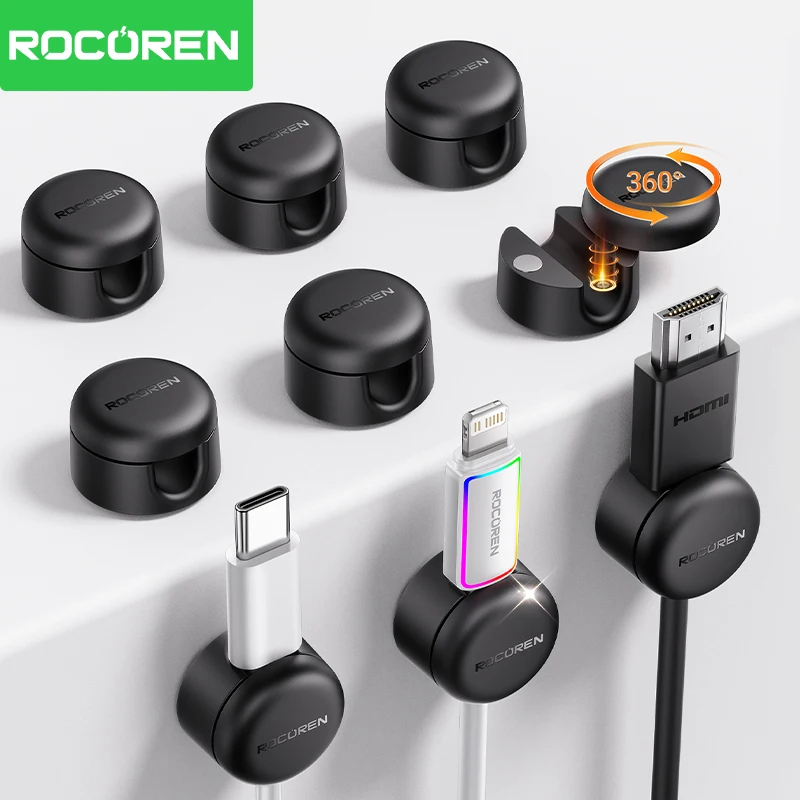 Rocoren 360° Rotating Magnetic Cable Management Self Adhesive Wire Cord Organizer Cable Clips Adjustable Wire Holder Under Desk photo 1