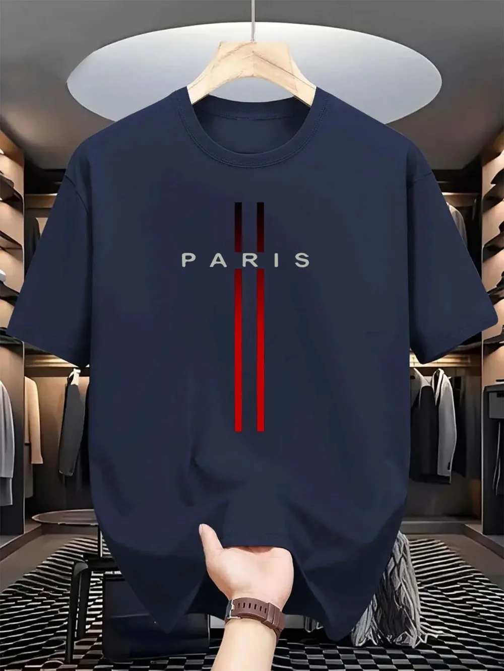 Men's new polyester fabric comfortable and breathable round neck T-shirt Paris letter printed pattern outdoor casual top photo 1