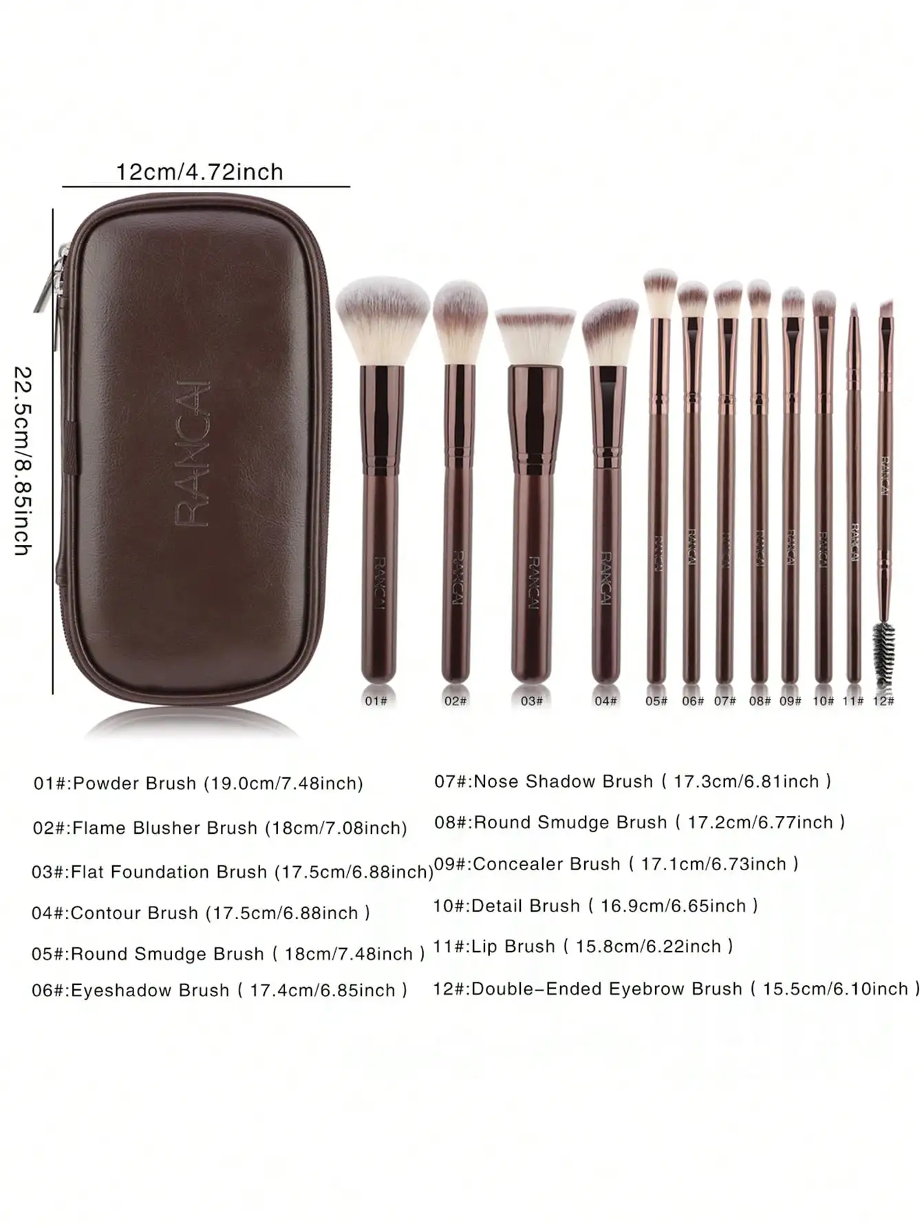 12pcs Brown Makeup Brush Set With PU Zipper Bag, Wooden Handle With Soft Synthetic Bristles, Suitable For Face And Eye Makeup photo 3