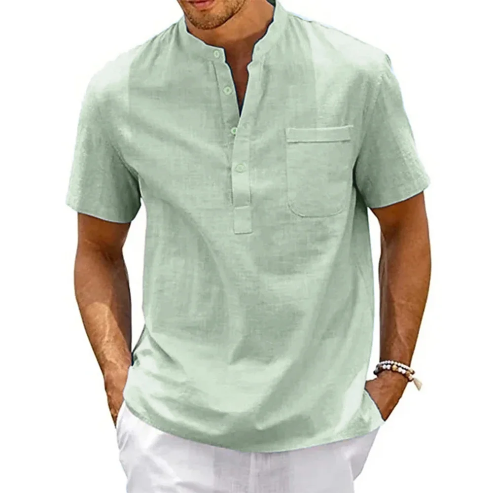 Cotton Linen Shirt Men Henley Neck Pocket Casual Beach Short Sleeve Solid Color Male Tops T-shirts Vintage Streetwear photo 5