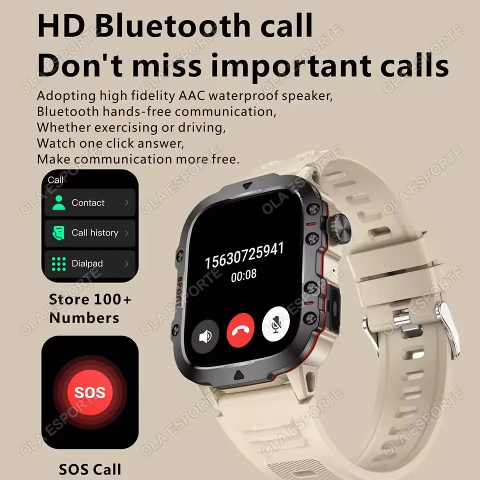 Rugged Military Smart Watch Men's Outdoor Watch LED Flashlight 2.01'' HD Touch Screen Voice Bluetooth Call Smartwatch Gifts HT30 photo 3