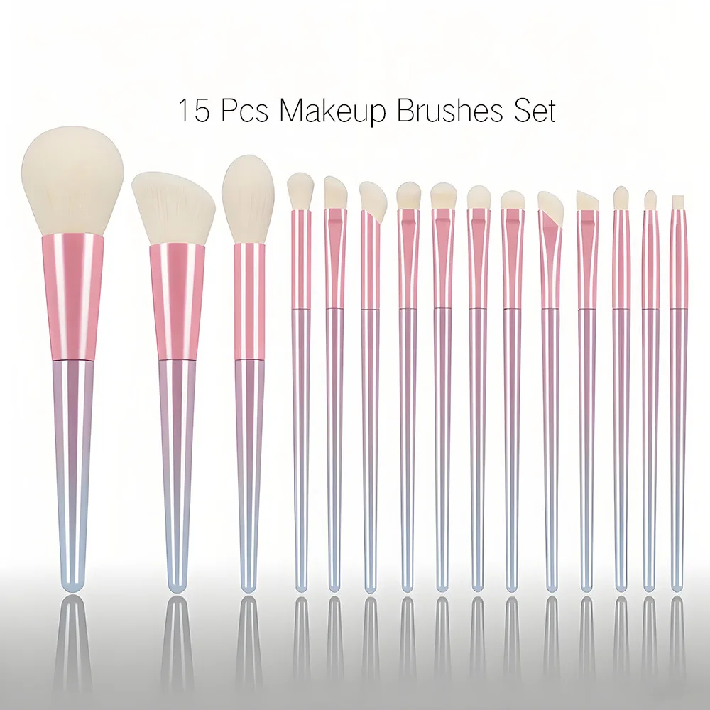 15Pcs Makeup Brush Set Professional Synthetic Wool Hair Brushes with Gradient Rubber Handle Full Face Kit for Powder Eyeshadow photo 1
