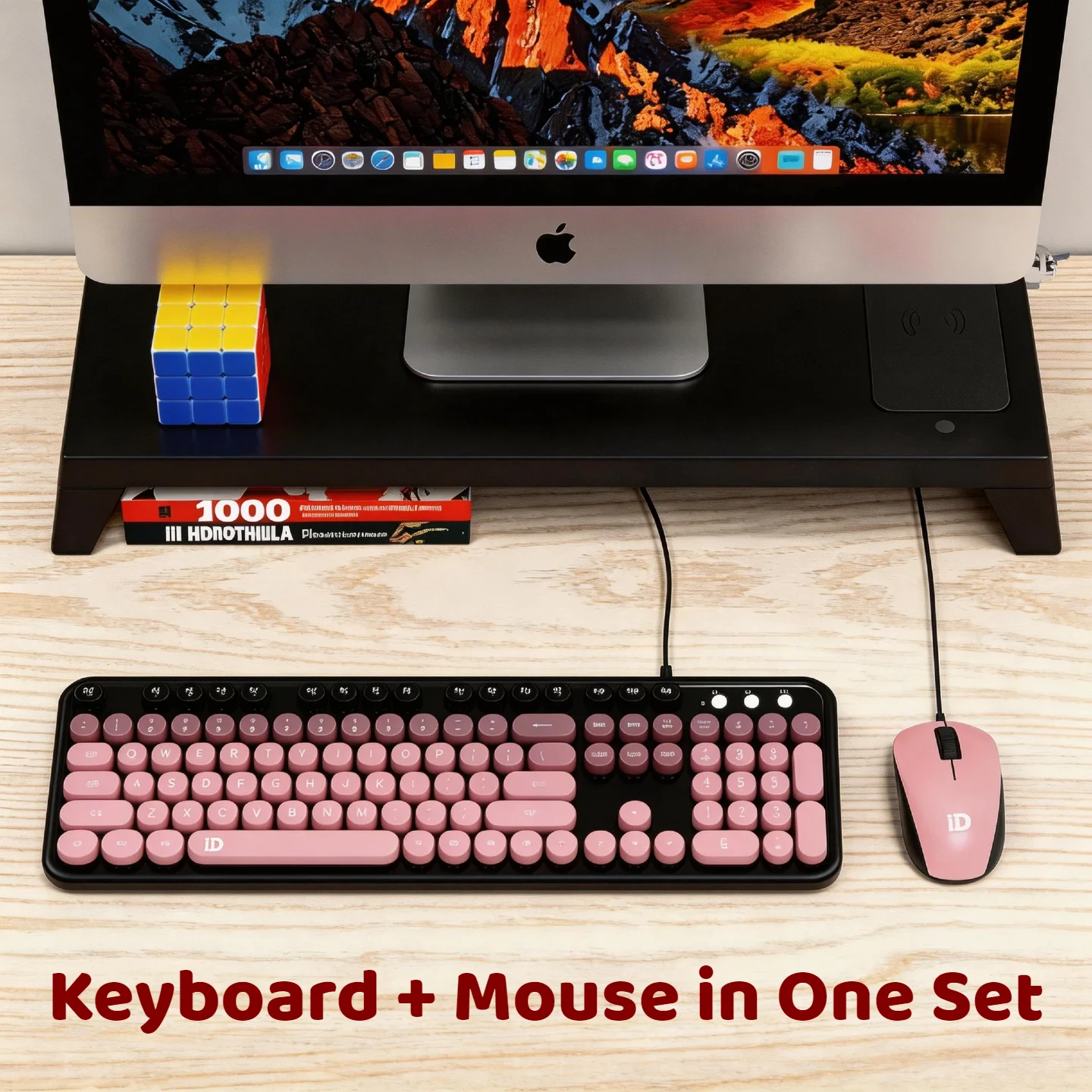 Retro Punk Round Keycap Wired Keyboard Mouse Combo Set 105 Keys USB Gaming Office Typewriter Style Mechanical Feel Pink Purple Gradient PC Laptop photo 7
