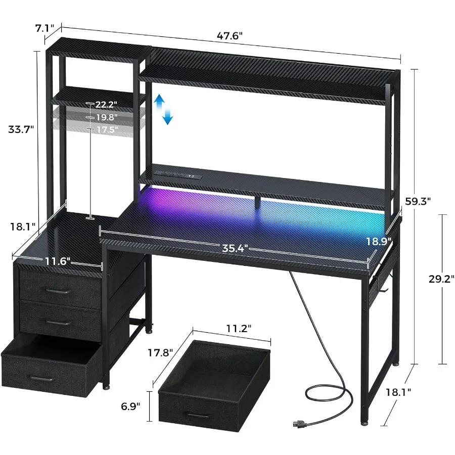 Gaming Desk with Shelves and 3 Drawers and LED Light and Hutch photo 3