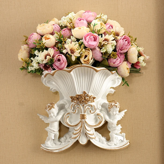 European Wall Hanging Double Angel Vase+Artificial Flower Home Background Wall Mural Resin Crafts Decoration Wall Ornament Decor photo 4