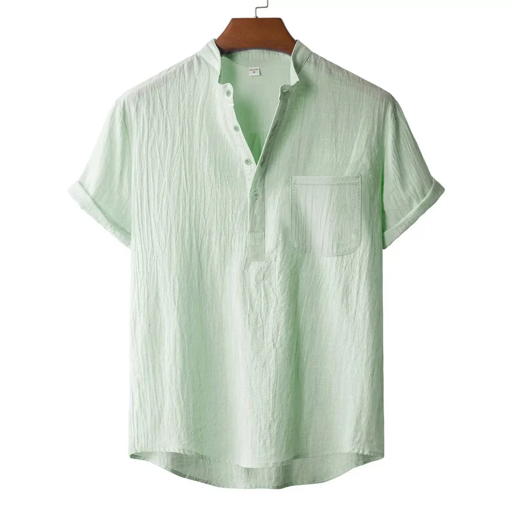 Men's Summer Cotton Linen T-shirt Beach Style Short SLeeve Henley Neck Vacation Hawaii Casual Lightweight Breathable Cozy Tops photo 3